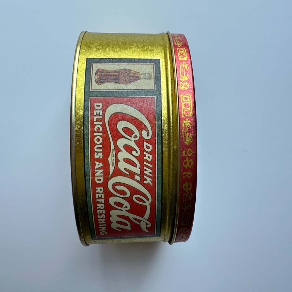 Vintage Coca-Cola Gold Tin Can Oval 1993 Nostalgic Photo of Girl Drinking Coke